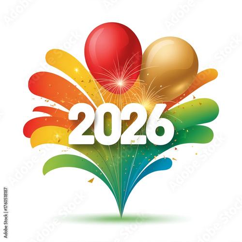 Welcoming 2026 with vibrant balloons and confetti showers in a burst of cheerful colors on a white