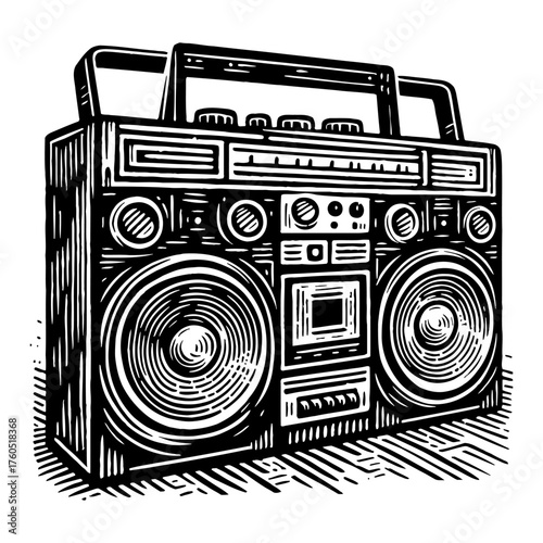 Classic Boombox Portable Audio Player Vintage Retro Style Black and White Outline Line Art Drawing
