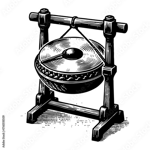 Traditional Gong Musical Instrument on Wooden Stand with Mallet Black and White Outline Line Art Drawing