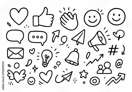 Hand-drawn Doodle Style Vector Set of Social Media Icons Like Comment Share and Heart, Sketchy Black Outline Illustrations, Ideal for Both Digital and Print Use

