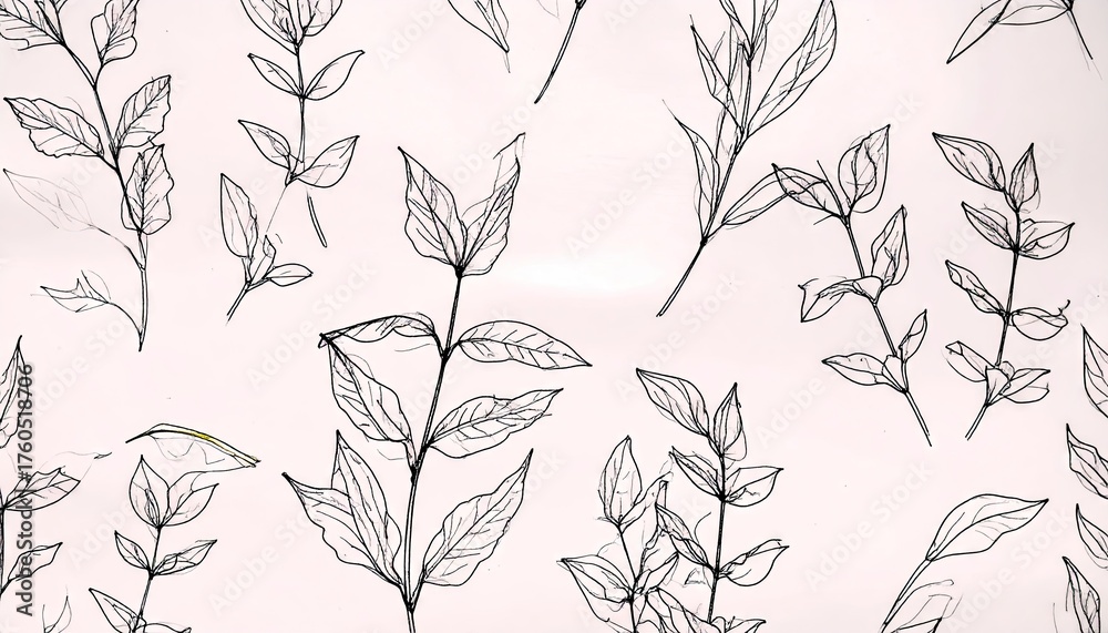 Naklejka premium Seamless Botanical Line Art Pattern: Thin Black Sprigs on White Background