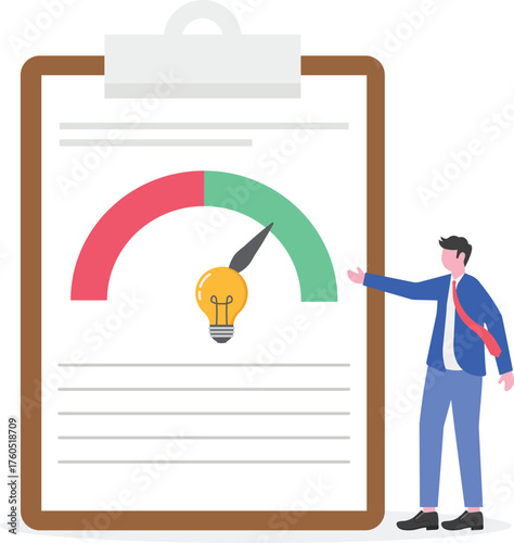 Businessman adjusting level indicator machine marked with happy emoticon illustration of market attention performance toward business product
