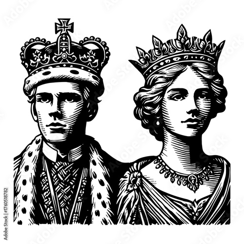 Royal King and Queen Portrait in Vintage Black and White Outline Line Art Drawing Style