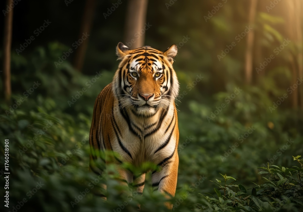 Obraz premium A majestic tiger with a powerful gaze walks forward through a lush green jungle environment.