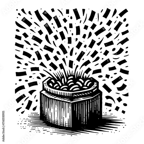 Confetti Popping Out of a Box Celebration Black and White Outline Line Art Drawing Party Event