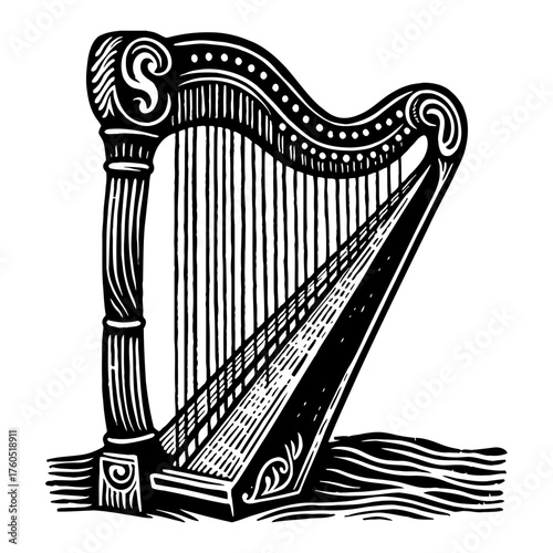Classic Harp Musical Instrument with Intricate Details Black and White Outline Line Art Drawing Vector Illustration