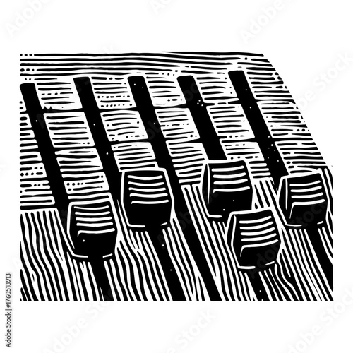 Audio Mixer Faders Equalizer Control Black and White Outline Line Art Drawing Vintage Woodcut Style Illustration