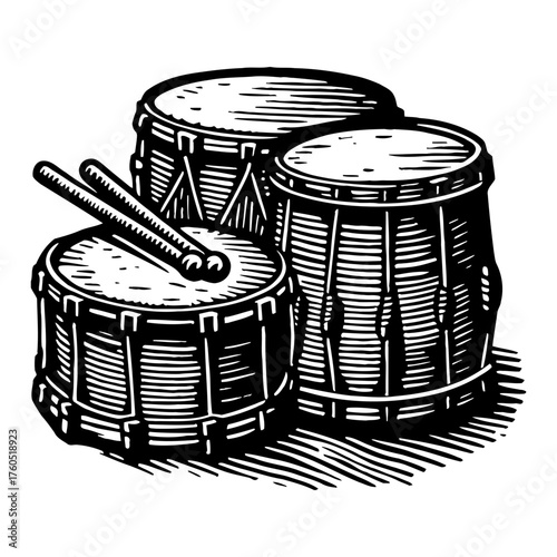Three Drums and Sticks Musical Percussion Instrument Black and White Outline Line Art Drawing