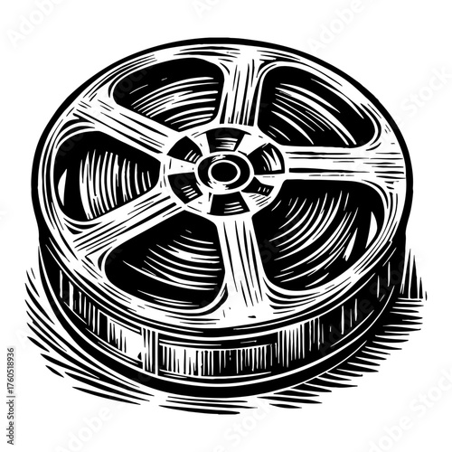 Classic Old Film Reel Spool Black and White Outline Line Art Drawing Vintage Movie Production Media