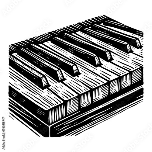 Musical Instrument Piano Keys Black and White Outline Line Art Drawing Vintage Engraved Illustration