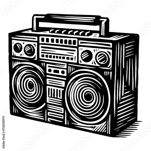 Classic Vintage Boombox Ghetto Blaster Cassette Player Radio Black and White Outline Line Art Drawing Retro Engraving Style Isolated