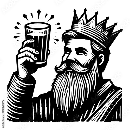 Majestic Bearded King with Crown Holding Up a Sparkling Glass of Beer Black and White Outline Line Art Drawing