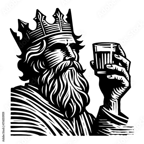 Regal King or God Figure with Crown and Flowing Beard Holding a Glass Black and White Outline Line Art Drawing