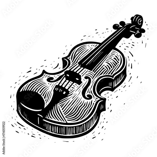 Classic Elegant Violin Musical Instrument Detailed Engraved Style Black and White Outline Line Art Drawing