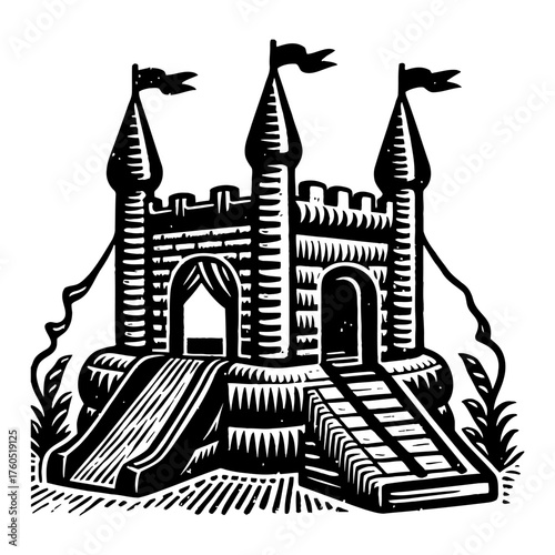 Inflatable Bouncy Castle with Flags Turrets Slide and Steps Black and White Outline Line Art Drawing Illustration