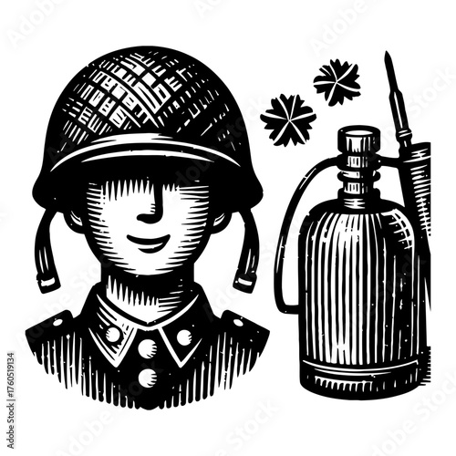 Smiling Soldier Head Helmet with Flamethrower Weapon Explosion Black and White Outline Line Art Drawing