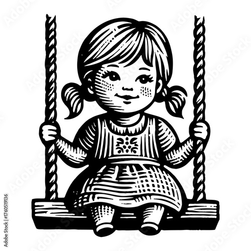 Cheerful Little Girl with Pigtails Smiling while Sitting on a Swing Black and White Outline Line Art Drawing