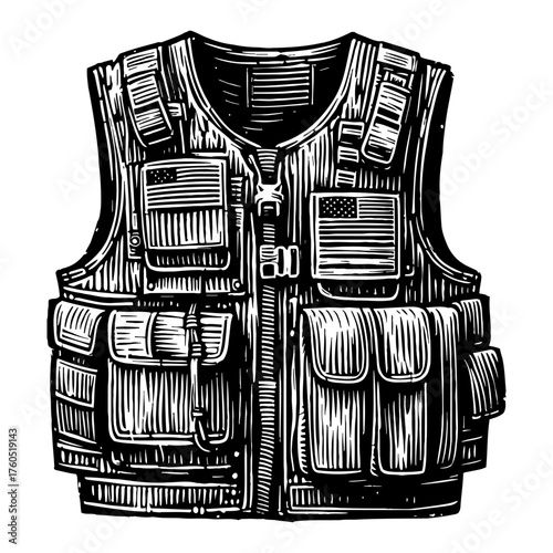 Tactical Military Vest with American Flag Patches Black and White Outline Line Art Drawing Engraving