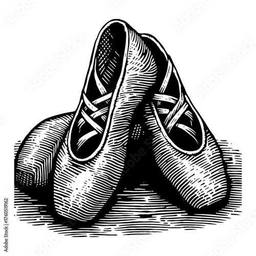 Pair of elegant ballet pointe shoes vintage style Black and White Outline Line Art Drawing for dance performance