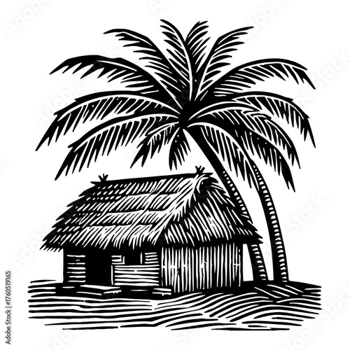 Tropical Island Hut with Palm Tree Black and White Outline Line Art Drawing Vintage Engraving Style
