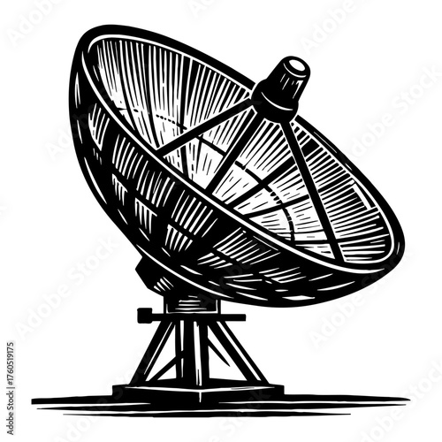 Engraved Satellite Dish Receiver Black and White Outline Line Art Drawing for Global Communication Technology