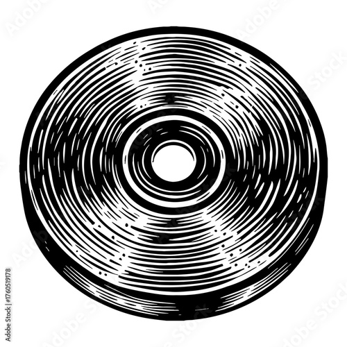 Vintage Vinyl Record Music Disc Black and White Outline Line Art Drawing with Grooves and Central Hole