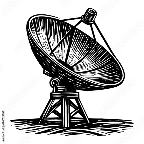 Communication Satellite Dish Receiver Antenna Technology Device Black and White Outline Line Art Drawing Vector Illustration