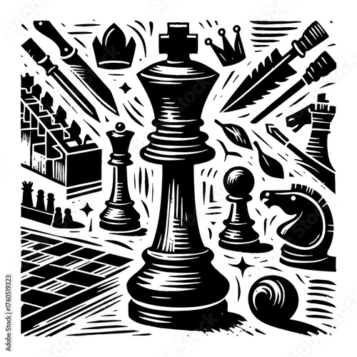Intricate Chess Pieces Board Game Strategy Composition Black and White Outline Line Art Drawing