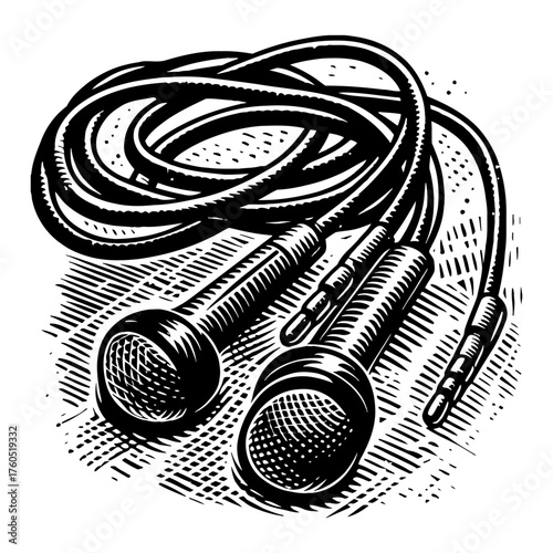Classic Wired Earbuds with Coiled Cable Engraved Style Black and White Outline Line Art Drawing