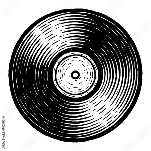 Retro Music Album Vinyl Record Concentric Grooves Black and White Outline Line Art Drawing