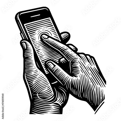 Hand Holding Smartphone and Touching Screen Black and White Outline Line Art Drawing Illustration Woodcut Style