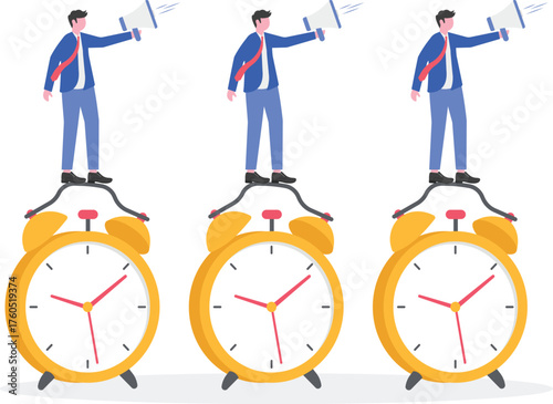 A businessman speaks through a megaphone on top of an alarm clock
