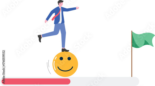 A happy emoticon moves toward a flagpole following the progress of a loading bar,
