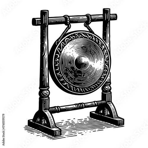 Ornate Traditional Asian Gong on a Wooden Stand Black and White Outline Line Art Drawing Vintage Engraving Style