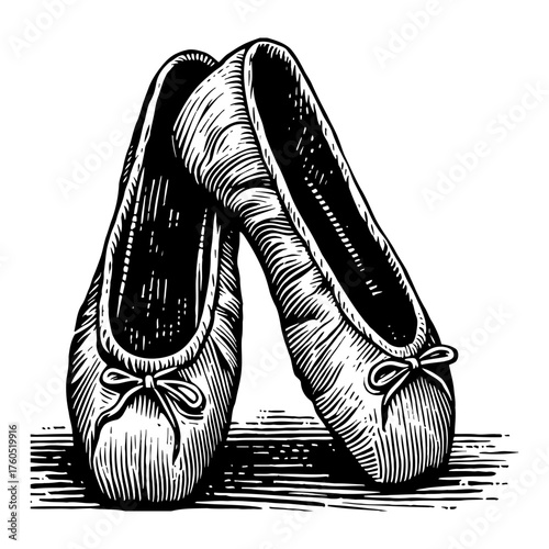 Elegant Pair of Ballet Slippers with Bows Black and White Outline Line Art Drawing Vintage Engraving Style