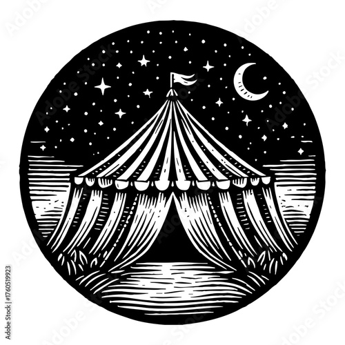 Whimsical Circus Tent Under a Starry Night Sky with Crescent Moon Black and White Outline Line Art Drawing