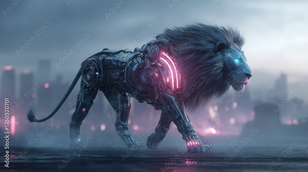Obraz premium Futuristic robotic lion with glowing mechanical mane urban landscape digital artwork dusk dynamic vision of technology