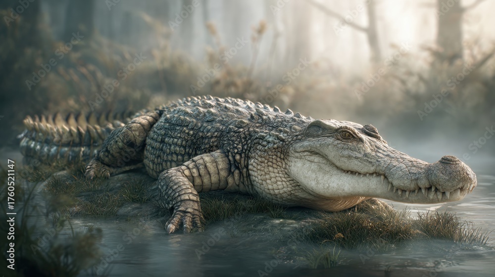 Fototapeta premium Crocodile basking on a serene riverbank nature photography lush environment close-up view wildlife concept