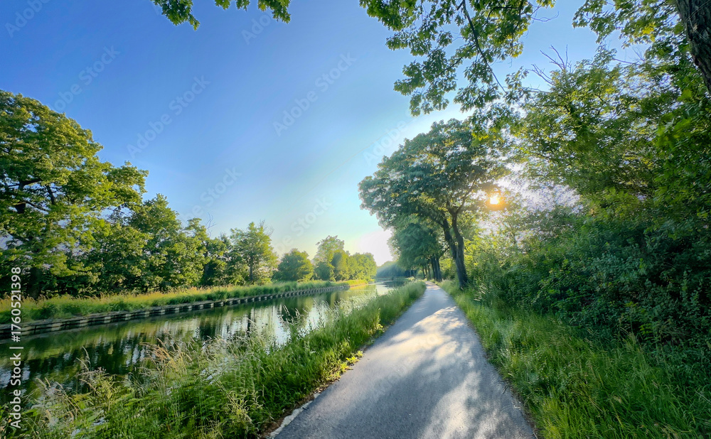 Obraz premium A tranquil pathway nestled beside a calm waterway under a clear blue sky, perfect for a peaceful stroll.