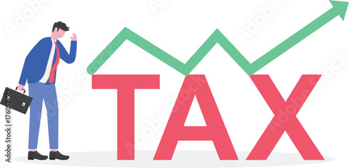Businessman confused looking at tax text with upward arrow illustration of confusion over rising company business tax cost
