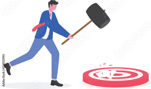 A businessman hit a target board with a giant hammer,

