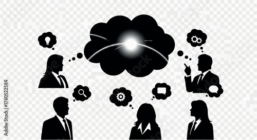 Diverse team collaborating on innovative ideas within a shared thought bubble.