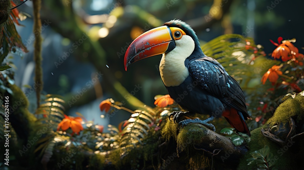 Obraz premium A vibrant toucan perches majestically on a moss-covered branch amidst the lush, tropical foliage of a rainforest.