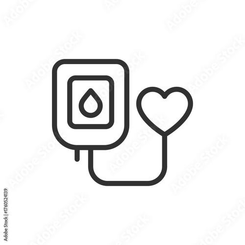 Blood donation bag with heart, linear icon. Donor care and medical transfusion. Line with editable stroke.