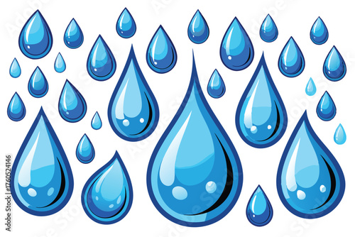 Glossy Water Droplet Set – Blue Raindrop Icons & Liquid Splash Illustration