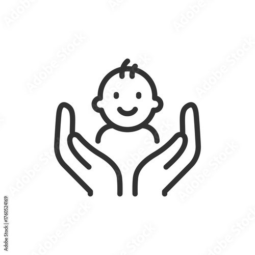 Baby in hands, linear icon. Parental care and child protection. Line with editable stroke.