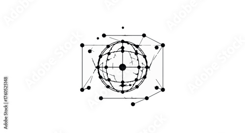 Abstract geometric network connects points around a central sphere, symbolizing data and connection.