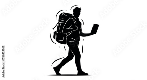Silhouette of a traveler with a large backpack walking and holding a laptop, symbolizing digital nomadism and exploration.