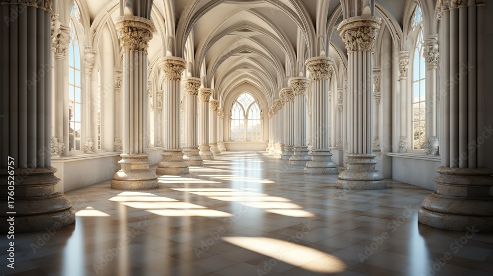 Obraz premium An Ancient Romanesque Marble Hallway Bathed in Sunlight with Ornate Columns and Arches