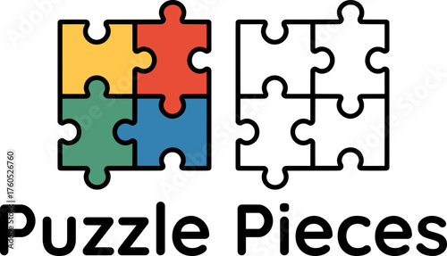 Flat vector of colorful and outline puzzle pieces for kids, bold clean design